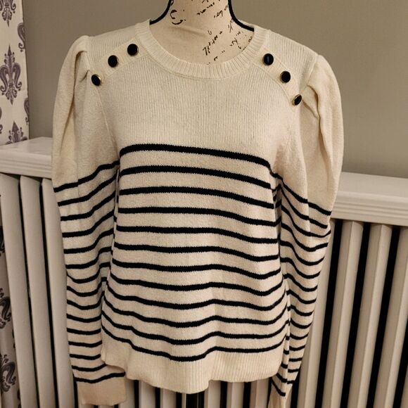 Joie Ruthine Sweater, Breton Stripes, Puff Sleeves, Buttons, Crew Neck, Sz M - Picture 3 of 11